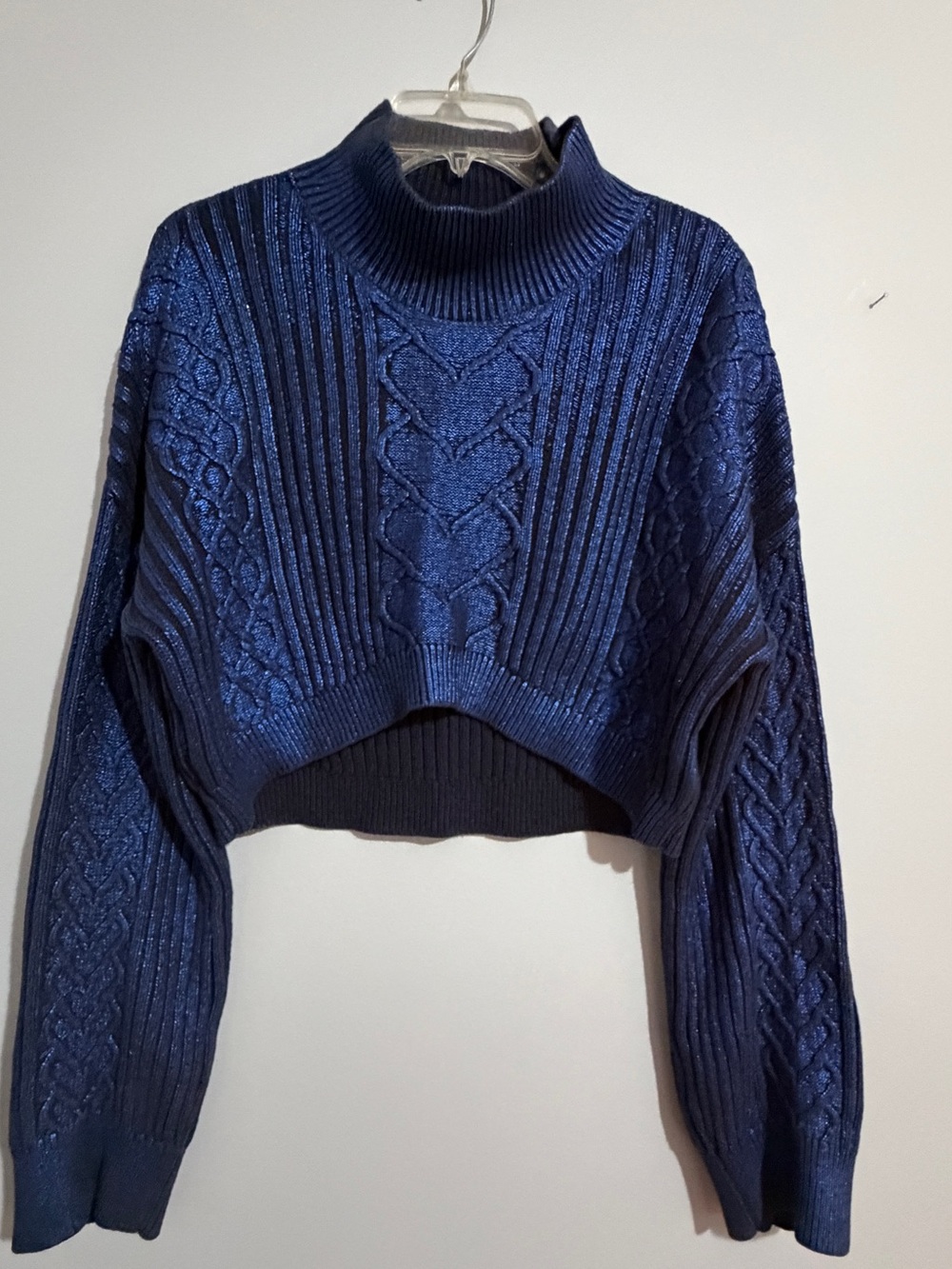 NBD Metallic Blue Cable-Knit Cropped Turtleneck Sweater